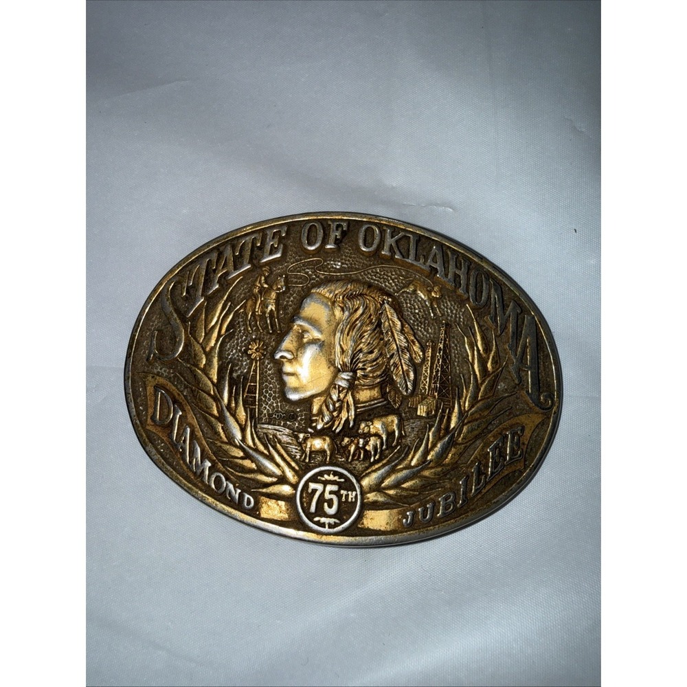 State of Oklahoma Diamond 75th Jubilee Belt Buckle 24K GP Award Design Medals #1
